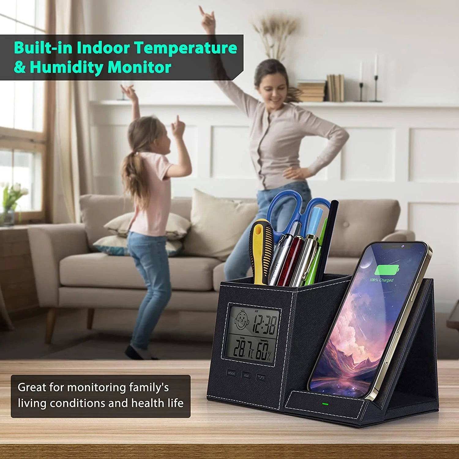 Desk Organizer with Wireless Charging for Iphone, PU Leather with Pencil Holder/ Digital Indoor Thermometer and Humidity Gauge for Desk & Nightstand, 1 Pack