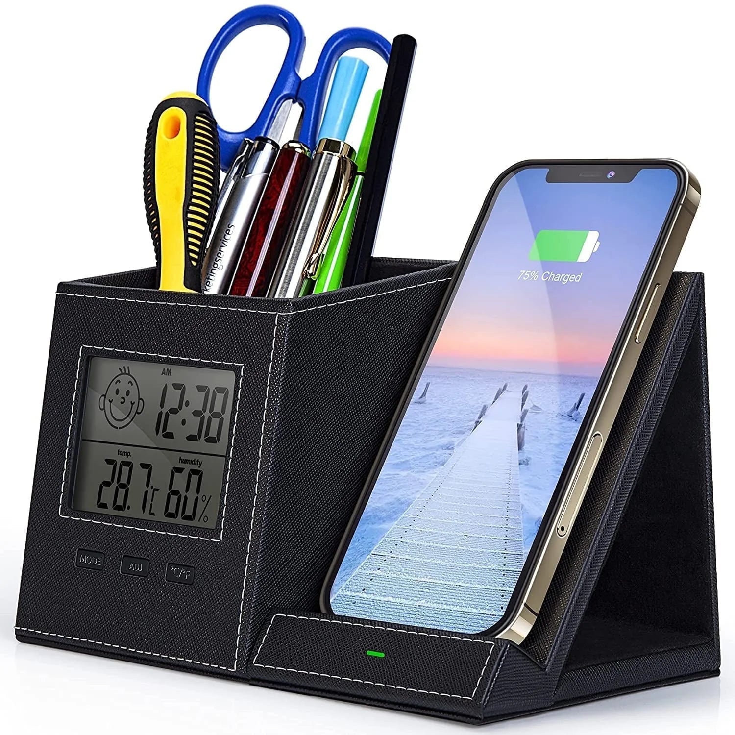 Desk Organizer with Wireless Charging for Iphone, PU Leather with Pencil Holder/ Digital Indoor Thermometer and Humidity Gauge for Desk & Nightstand, 1 Pack