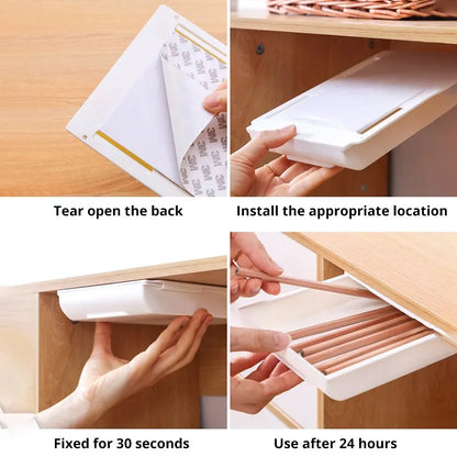1Pc White Selfadhesive Storage Drawer Box Makeup Pencil Tray Desk Hidden under Desk Stand Self-Adhesive Under-Drawer Storage Box