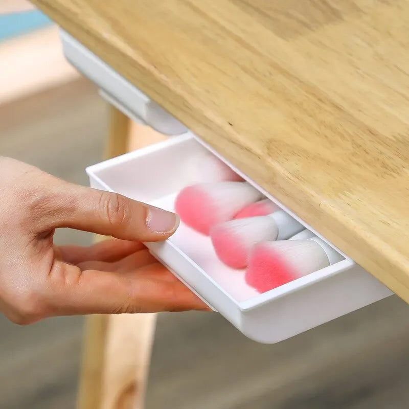 1Pc White Selfadhesive Storage Drawer Box Makeup Pencil Tray Desk Hidden under Desk Stand Self-Adhesive Under-Drawer Storage Box
