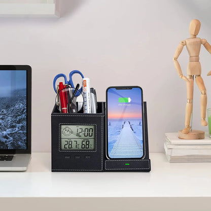 Desk Organizer with Wireless Charging for Iphone, PU Leather with Pencil Holder/ Digital Indoor Thermometer and Humidity Gauge for Desk & Nightstand, 1 Pack